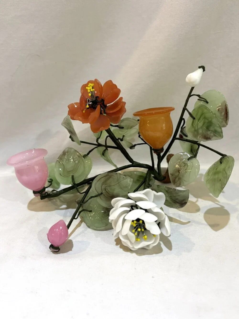 Vintage Hand Carved Jade & Stone Floral Candle Holder Centerpiece AS IS